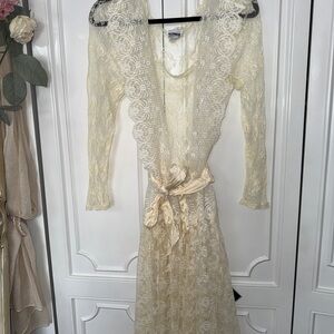 RARE VTG Glen Rob Sheer Lace Cream Maxi Dress with Sadh